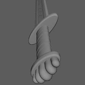 May include: A gray sword with a detailed handle and a curved handguard. The handle is spiraled, and the pommel is rounded. The blade has a series of parallel lines near the handle. The sword is set against a gray background.