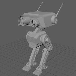 Könnte beinhalten: Eine graue, roboterartige Figur mit einem rechteckigen Kopf und zwei großen, runden Augen. Der Roboter hat zwei lange, bewegliche Beine und einen Körper mit einer Reihe von Zahnrädern und anderen mechanischen Details.