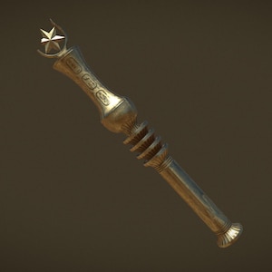Puede incluir: Un bastón de metal dorado con un remate en forma de estrella en la parte superior. El bastón está decorado con intrincados tallados y un diseño en espiral.