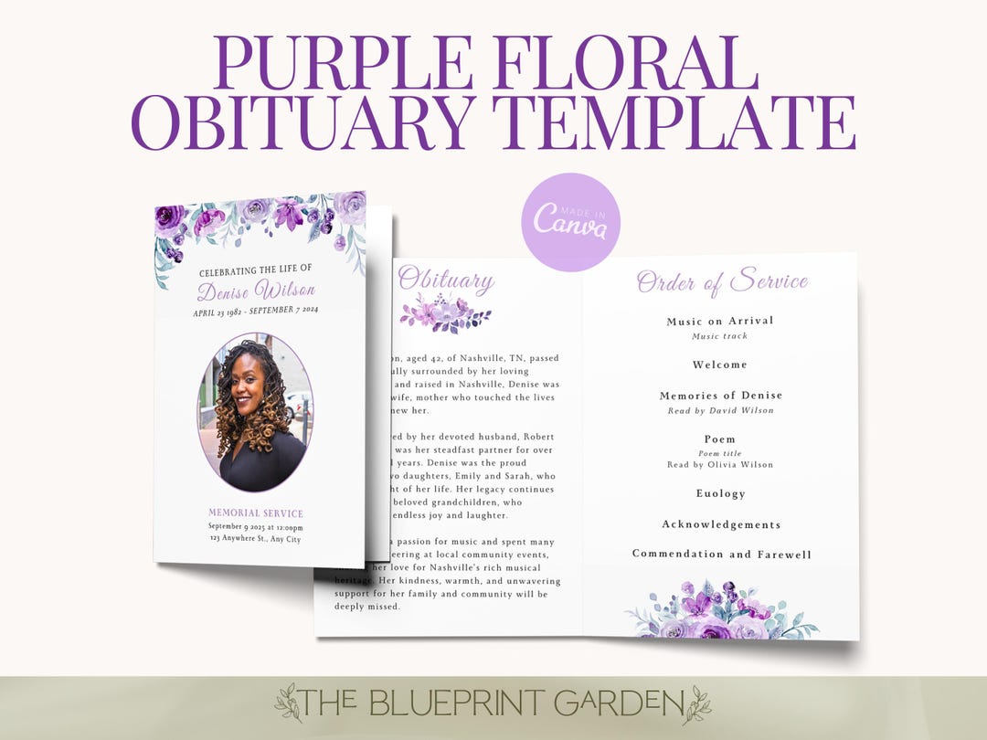 Editable Obituary Template Purple Floral Obituary Template for Women