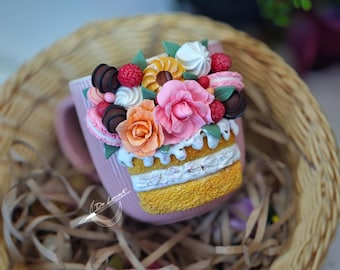 Tazza per torta in argilla polimerica fatta a mano, decorazione floreale unica