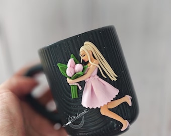 Tazza floreale, tulipano, tazza da caffè in argilla polimerica fatta a mano, festa della donna