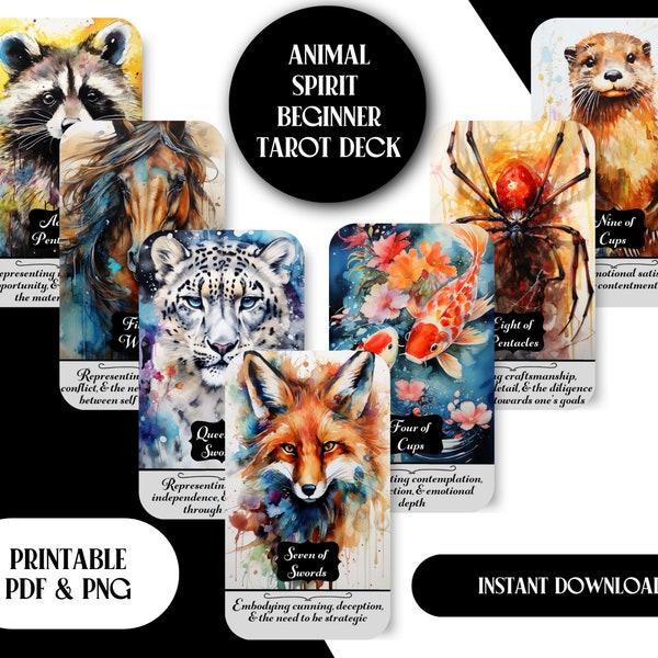 Animal Spirit Tarot Cards for Beginners, Printable Instant Downloads, Tarot Cards with meanings for Beginners, PDF & PNG 78 Card Deck