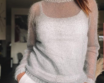 Hand knit woman sweater. Kid mohair and silk sweater. Top crewneck pullover. Kid mohair sweater. Sweater mohair. Kid Silk sweater. Mohair