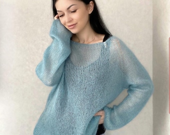 Hand knit woman sweater OVERSIZED kid mohair and silk sweater top crewneck pullover. Kid mohair sweater. Sweater mohair. Kid Silk jumper.