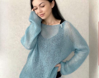 Hand knit woman sweater OVERSIZED kid mohair and silk sweater top crewneck pullover. Kid mohair sweater. Sweater mohair. Kid Silk jumper.