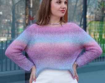 Hand knit woman sweater OVERSIZED kid mohair and silk sweater top crewneck pullover. Kid mohair sweater. Sweater mohair. Kid Silk jumper.