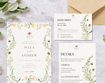 May include: Wedding invitation suite with floral border and a white background. The invitation features the names Maya and Andrew, the date August 30th, and the time 4 PM. The RSVP card includes the text "Kindly Reply" and a space for the guest to indicate their response. The details card includes the text "Details" and information about the wedding reception.