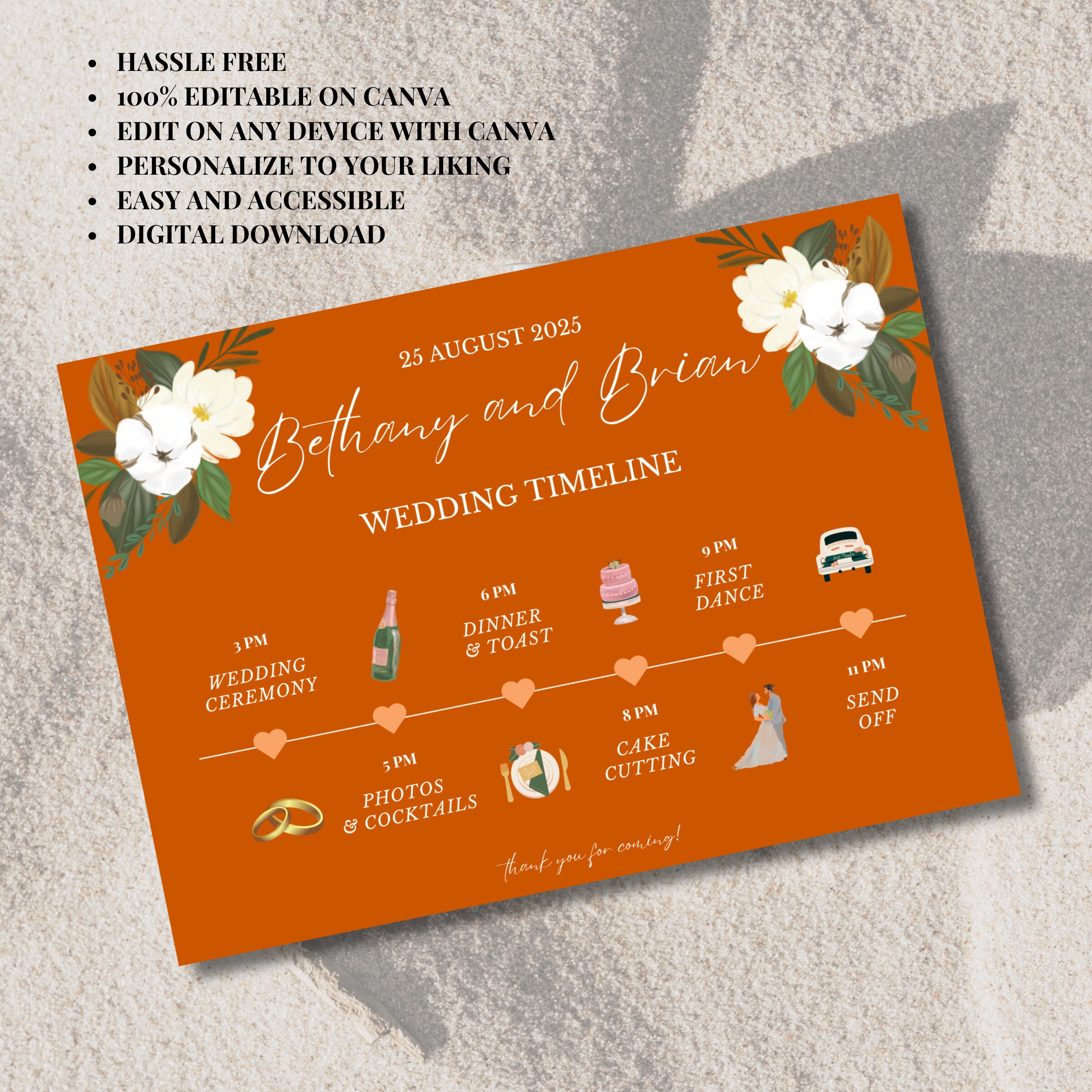 Terracotta Wedding Day Timeline Schedule Template Wedding Day Etsy