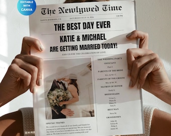 Plantilla de programa de periódico de bodas con foto, plantilla de periódico de bodas, tiempos de recién casados, programa de periódico de bodas plegado e imprimible Canva