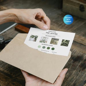 Carte de tenue d'invité de mariage Modèle canva Carte d'informations sur la tenue vestimentaire Code vestimentaire Insertion de tenue d'invité Palette de couleurs Thème Verdure Simple Belle carte