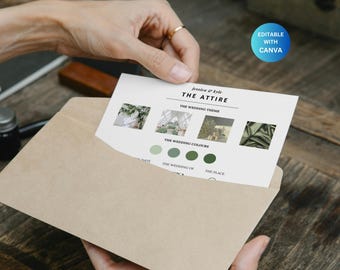 Kaart bruiloftsgasten Canva-sjabloon Kledinginformatiekaart Kledingvoorschrift Gastkleding invoegen Kleurenpalet Thema Groen Eenvoudig mooi kaart