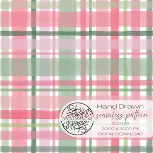 Könnte beinhalten: Ein nahtloses Musterdesign mit einem Karomuster in Rosa-, Grün- und Beigetönen. Das Design hat eine handgezeichnete Ästhetik. Das Bild enthält den Text "Hand Drawn seamless pattern" und "DIGITAL DOWNLOAD".