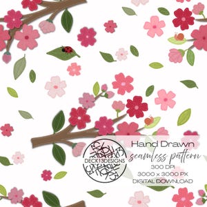 May include: A seamless pattern featuring a floral design with pink and red flowers, green leaves, and brown branches. A ladybug and snail are also present. The text "Hand Drawn seamless pattern" is included.