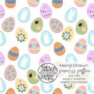 May include: A seamless pattern featuring colorful Easter eggs with various designs, including polka dots, flowers, and bunting. The design also includes light blue egg shapes with a white bunny silhouette. The words "Hand Drawn seamless pattern" are visible.