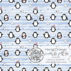Arctic Penguin Seamless Pattern, Hand Drawn Winter Digital Paper, Igloo & Snowflake Repeat, 3000 x 3000px 300 DPI PNG, Nursery Fabric Print