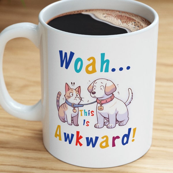 Funny 'Woah, This Is Awkward!' Mug - Humorous Dog and Cat Leash Mishap Cup, Perfect for Pet Lovers and Those Who Enjoy a Laugh