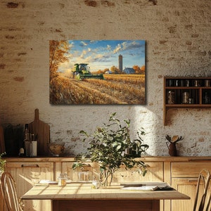 Harvest Time Farm Scene Digital Art Print | Rustic Combine Harvester Painting | Instant Download for Country Home Decor