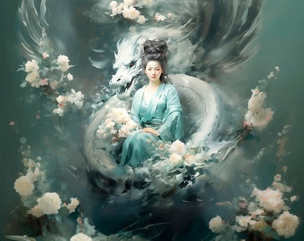 Digital Print - Kwan Yin & Dragon - Aqua Hues - Mystical Asian Deity Art - Powerful and Tranquil Wall Decor - Guan Yin Digital Print