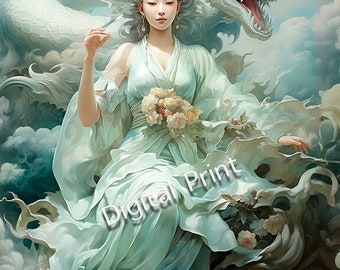 Kwan Yin and Dragon Digital Print - Mystical Eastern Imagery Kwan Yin and Dragon Digital Print - Mystical Eastern Imagery