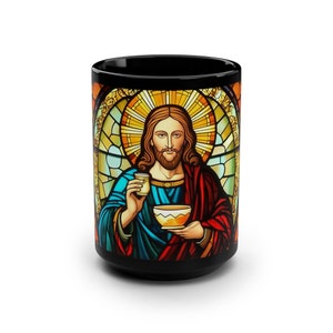Stained Glass Christ Coffee Mug | Black 15oz Ceramic Mug | Gift for Believers