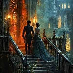 Sztuka cyfrowa gotyckiego romansu - Para w katedrze 16 x 20 cali 240 dpi Pobierz - Idealny prezent dla miłośników sztuki fantasy