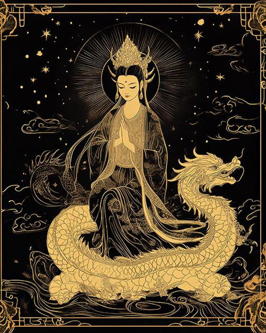 Golden Guanyin Dragon Art Print | Buddha Goddess Art Download | Kwan ...