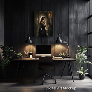May include: A digital art mockup of a dark room with a black desk, a black office chair, a computer monitor, and a framed print of a woman in a black dress. The room is decorated with plants and has a dark wood floor.