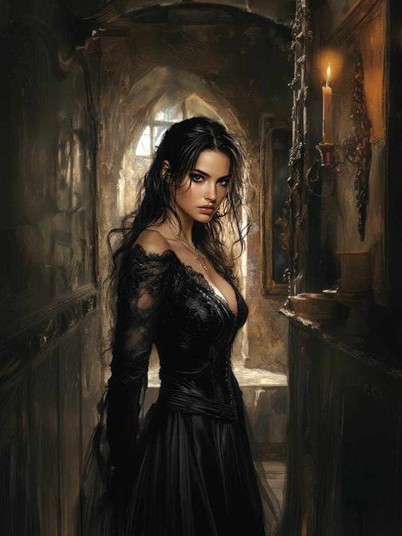 May include: A woman in a black lace dress stands in a dimly lit hallway. She has long dark hair and is looking directly at the viewer. A lit candle is visible in the background.