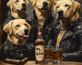 Impresión de arte digital de la pandilla gótica de labradores amarillos / Arte de pared divertido con perros / Parodia del whisky "Old Growl" / Regalo perfecto para amantes de los labradores y entusiastas del whisky