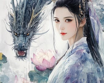 Asian Fantasy Digital Art Print | Dragon Princess Lotus Download | Kwan Yin Wall Art | Asian Mythology Decor Gift | 16x20 240dpi