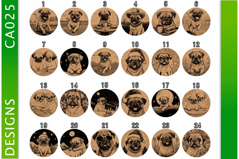 Pug, Coasters Gift, Set van 6, Cork Coasters met houder, absorberende Coasters voor hondenliefhebbers, gepersonaliseerde Drink Coasters CA025 afbeelding 2