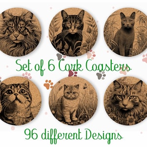 Cat Coaster Set, Cute Cork Coasters set of 6, Coasters with holder, Absorbent Coasters for Cat lovers, Custom Coasters for drinks • CA075