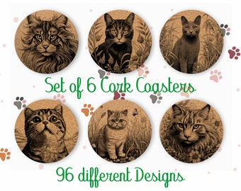 Cat Coaster Set, Lindo juego de posavasos de corcho de 6, Posavasos con soporte, Posavasos absorbentes para amantes de los gatos, Posavasos personalizados para bebidas • CA075