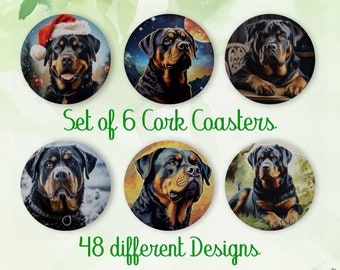 Rottweiler, regalo de posavasos, juego de 6, posavasos de corcho de color con soporte, posavasos absorbentes para amantes de los perros, posavasos de bebidas personalizados - CA110