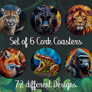Posavasos de animales Safari, conjunto de 6, posavasos de corcho de color con soporte, arte animal, león, posavasos absorbentes, posavasos de bebidas personalizados - CA154