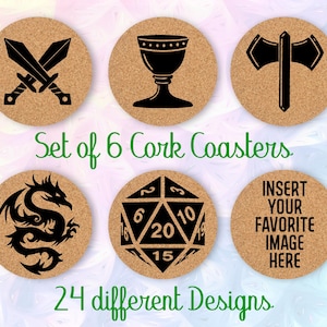 Dungeons and Dragons Coasters, Set of 6, Cork Coasters with Holder, Gamer Gifts, Dnd Gifts, Role-playing Gift, Personalized Coasters - CA200
