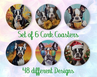 Boston Terrier, regalo de posavasos, juego de 6, posavasos de corcho con soporte, posavasos absorbentes para amantes de los perros, posavasos de bebidas personalizados - CA107