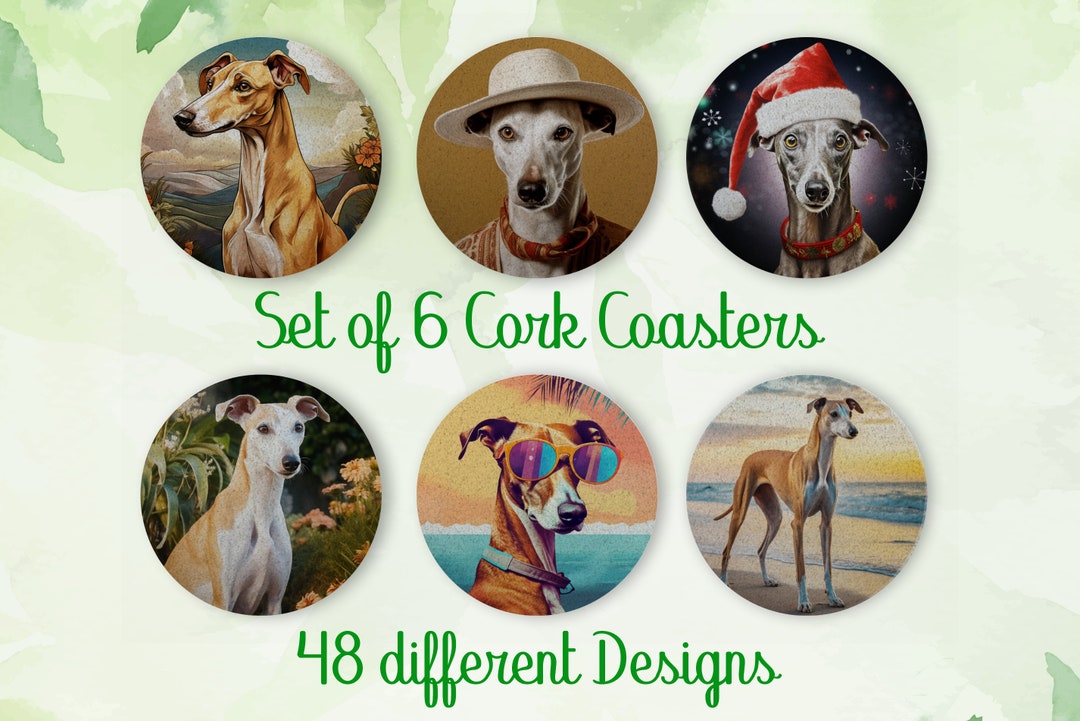 Spanish Greyhound, Coasters Gift, Set of 6, Cork Coasters With Holder