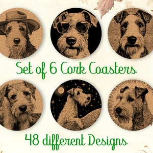 Fox Terrier en fil de fer, sous-verres art, lot de 6, sous-verres en liège avec support, sous-verres absorbants pour les amoureux des chiens, sous-verres personnalisés - CA046