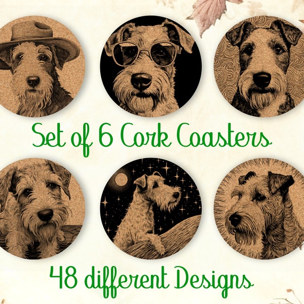 Wire Fox Terrier, Coasters art, Ensemble de 6, Sous-verres en liège avec support, Sous-verres absorbants pour les amateurs de chiens, Sous-verres personnalisés - CA046