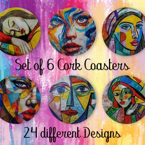 Artistic Abstract Faces Coasters, Set of 6, Color Cork Coasters with Holder, Absorbent Coasters, Home decor, Gift for the new Home - CA164