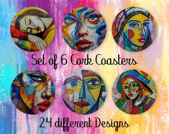 Posavasos artísticos de caras abstractas, juego de 6, posavasos de corcho de color con soporte, posavasos absorbentes, decoración del hogar, regalo para el nuevo hogar - CA164