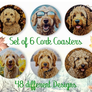Golden Doodle, Coasters Gift, Set of 6, Cork Coasters with Holder, Absorbent Coasters for Dog Lovers, Personalized Drink Coasters - CA113