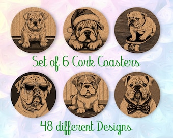 Englische Bulldogge, Untersetzer Geschenk, 6er Set, Korkuntersetzer mit Halter, saugfähige Untersetzer für Hundeliebhaber, personalisierte Getränkeuntersetzer - CA006