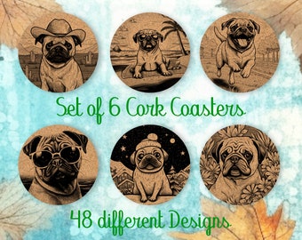 Pug, Coasters Gift, Set of 6, Cork Coasters with Holder, Absorbent Coasters for Dog Lovers, Personalized Drink Coasters - CA025