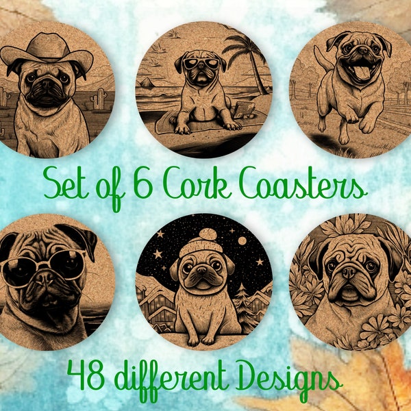 Pug, Coasters Gift, Set van 6, Cork Coasters met houder, absorberende Coasters voor hondenliefhebbers, gepersonaliseerde Drink Coasters - CA025