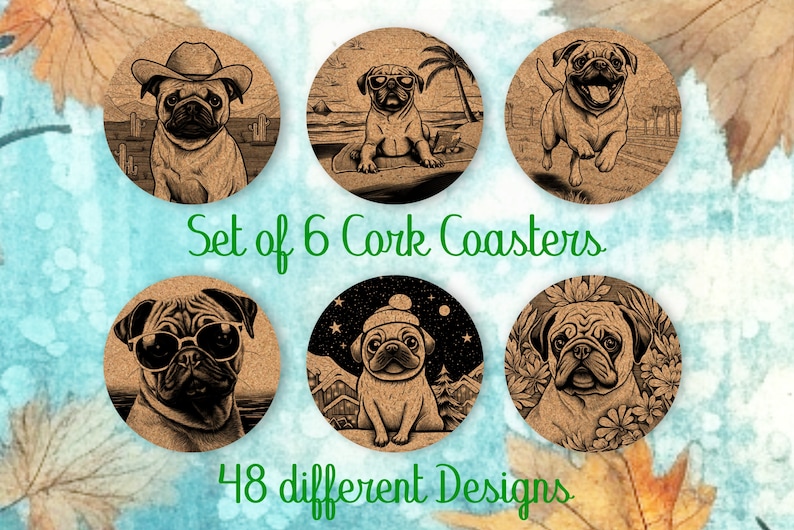 Pug, Coasters Gift, Set van 6, Cork Coasters met houder, absorberende Coasters voor hondenliefhebbers, gepersonaliseerde Drink Coasters CA025 afbeelding 1