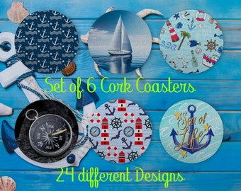 Maritime Untersetzer, 6er-Set, farbige Korkuntersetzer mit Halter, saugfähige Untersetzer, Wohnkultur, personalisiertes Geschenk, nautisches Dekor - CA172