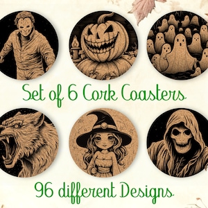 Halloween, Coasters gift, Set of 6, Cork Coasters with Holder, Absorbent Coasters, Halloween decor indoor, Personalized Coasters - CA054